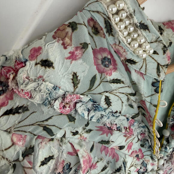 Hemant & Nandita Floral Print Vacation Mini Dress with Pearl Collar Fairy Dress - Picture 4 of 7